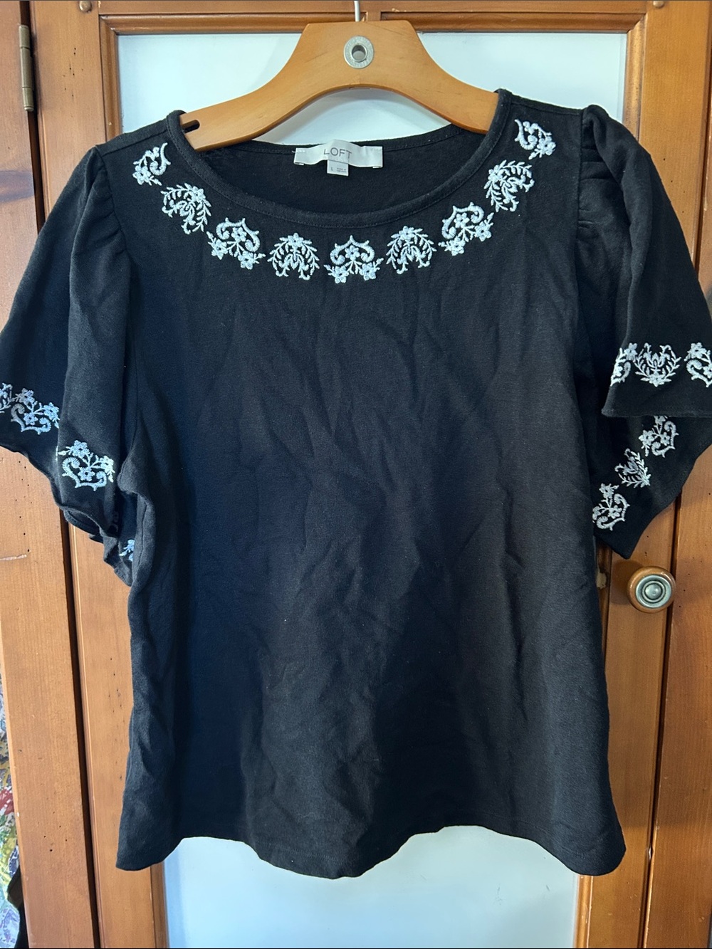 LOFT Black Top with White Embroidered Trim